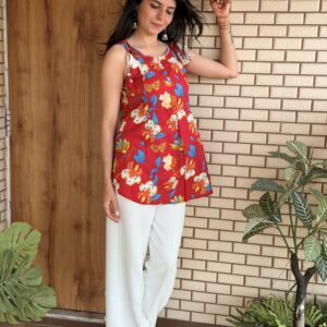 Ramba Red Butterfly Block Print Cotton Top