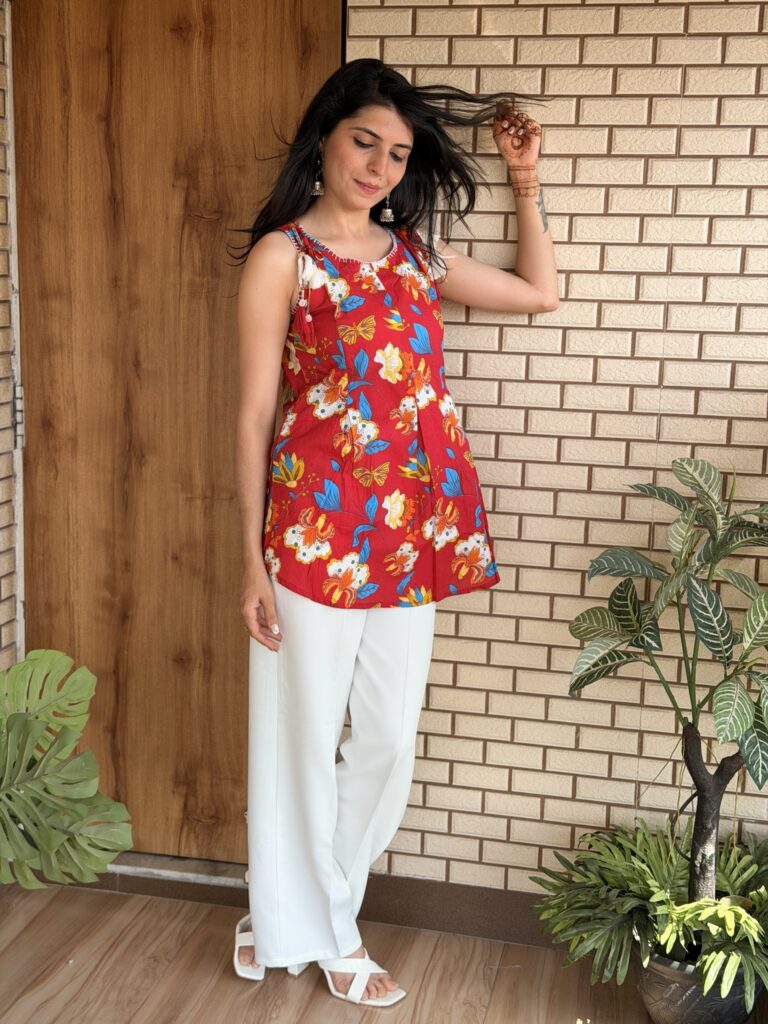Ramba Red Butterfly Block Print Cotton Top