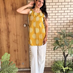 Arbenic Mustard Block Print Sleeveless Cotton Top