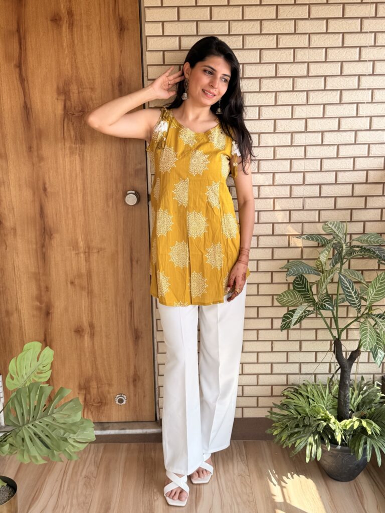 Arbenic Mustard Block Print Sleeveless Cotton Top