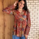 Kareena Multi Ajrakh Patchwork Print Top with Bell Sleeves - Free Size