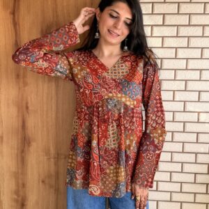 Kareena Multi Ajrakh Patchwork Print Top with Bell Sleeves