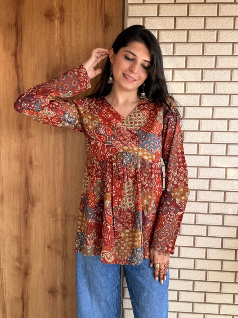 Kareena Multi Ajrakh Patchwork Print Top with Bell Sleeves