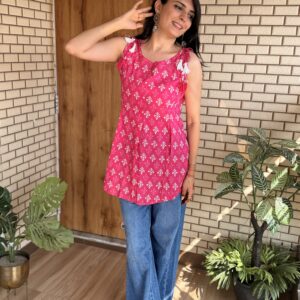 Samba Pink Block Print Sleeveless Cotton Top